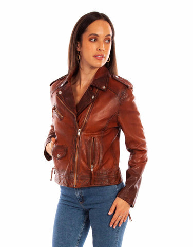 Scully Womens Motorcycle Zip Vintage Brown Leather Leather Jacket L