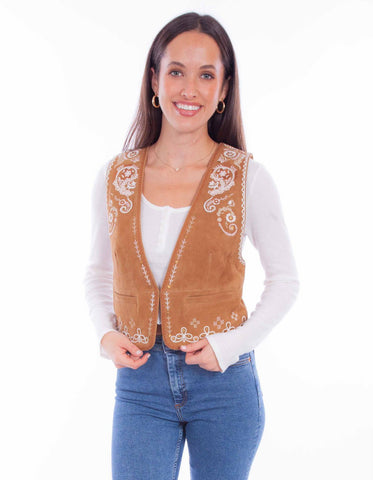 Scully Womens White Embroidery Vin Rust Leather Leather Vest L