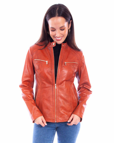 Scully Womens Cafe Racer Zip Rust Leather Leather Jacket M