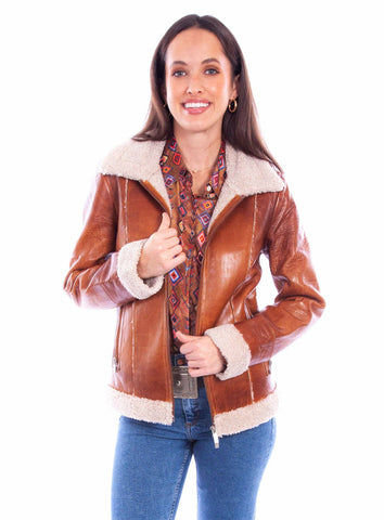 Scully Womens Faux Fur Zip Front Cognac Leather Leather Jacket