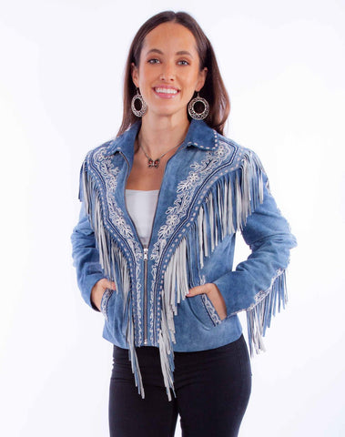 Scully Womens Fringe Zip Front Blue Leather Leather Jacket
