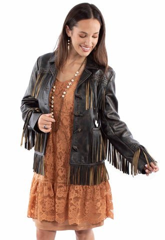 Scully Womens Toggle Button Fringe Vintage Black Leather Leather Jacket