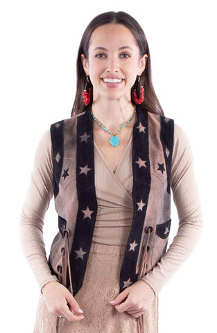 Scully Womens Stars Fringe Yoke Black Leather Leather Vest