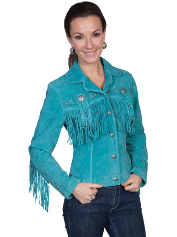 Scully Leather Womens Beaded Fringe Conchos Boar Suede Jacket Turquoise L