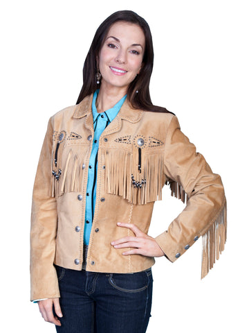 Scully Leather Womens Beaded Fringe Conchos Boar Suede Jacket Old Rust L