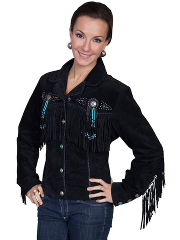 Scully Leather Womens Beaded Fringe Conchos Boar Suede Jacket Black M
