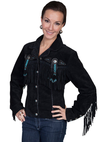 Scully Leather Womens Beaded Fringe Conchos Boar Suede Jacket Black 2X