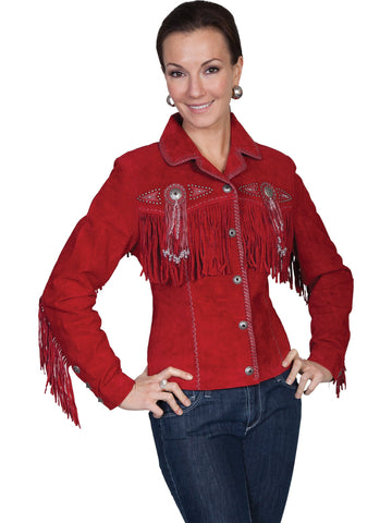 Scully Leather Womens Beaded Fringe Conchos Boar Suede Jacket Red L