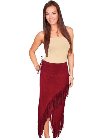 Scully Leather Womens Long Boar Suede Tie Side Fringe Skirt Red S