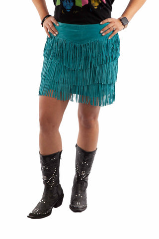 Scully Womens Turquoise Leather Tiered Fringe Skirt S