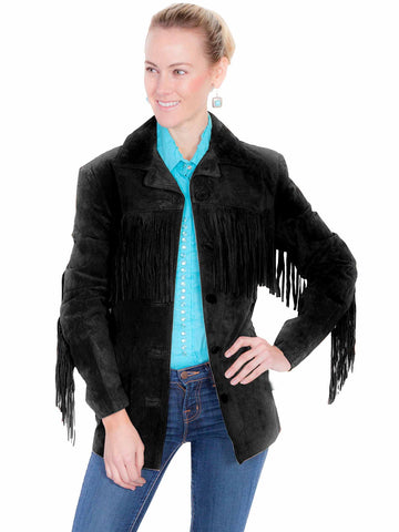 Scully Womens Notched Lapel Fringe Black Leather Leather Jacket L