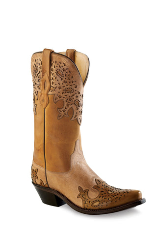Old West Tan Womens Overlay Leather 12in Fancy Cowboy Boots Boots