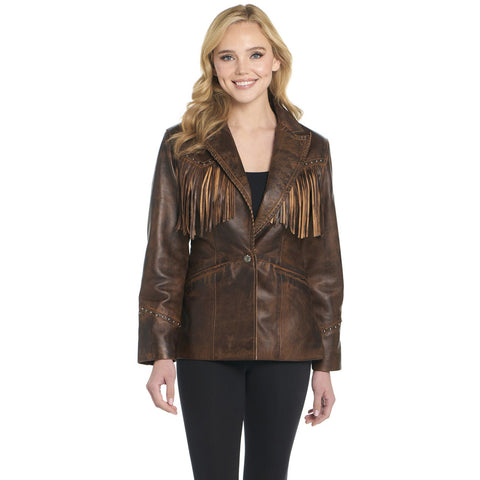 Cripple Creek Womens Front Fringe Blazer Alpine Oak Leather Leather Jacket