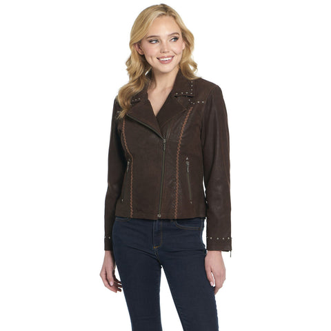 Cripple Creek Womens Asymmetric Stud Panel Mocaccino Leather Leather Jacket