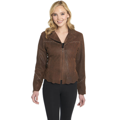 Cripple Creek Womens Studded Hand Laced Raw Edges Mustang Leather Leather Jacket