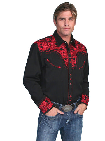 Scully Mens Shirt Western Crimson Poly Blend Floral Tooled Stitch L/S L