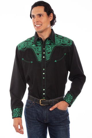 Scully Mens Emerald Poly/Rayon Floral Tooled L/S Shirt L