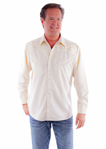Scully Mens Floral Tooled Embroidery Ivory Poly/Rayon L/S Shirt