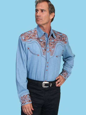 Scully Mens Floral Tooled Embroidery Light Blue Poly/Rayon L/S Shirt S