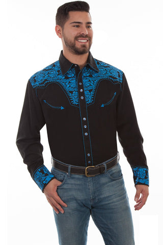 Scully Mens Floral Tooled Embroidery Royal Poly/Rayon L/S Shirt