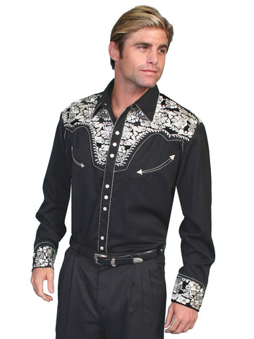 Scully Mens Floral Tooled Embroidery Silver Poly/Rayon L/S Shirt