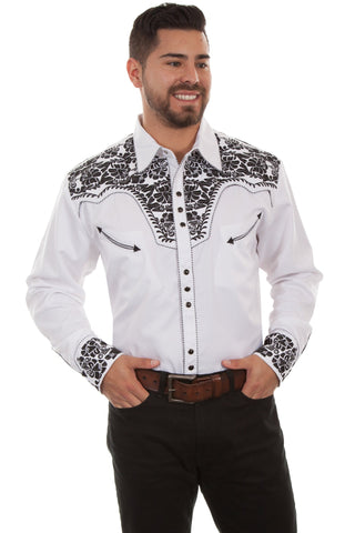Scully Mens White/Black Poly/Rayon Tooled Floral L/S Shirt XL