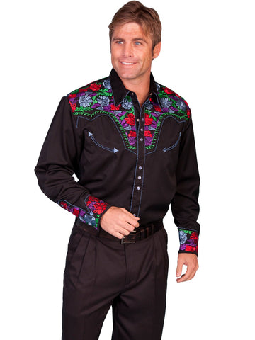 Scully Western Mens Blue Polyester L/S Big Tooled Floral Western Shirt