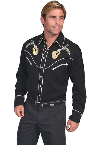 Scully Western Mens Black Polyester L/S Big Guitar Western Shirt 3X