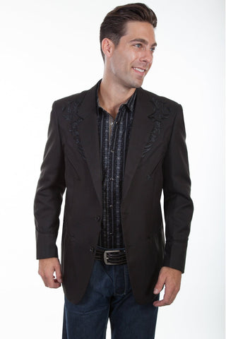 Scully Western Mens Black Polyester Floral Tone Embroidered Long Blazer 56