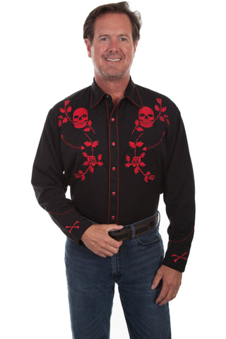 Scully Mens Red Poly/Rayon Skull/Rose L/S Shirt L