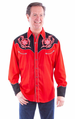 Scully Mens Bold Floral Embroidery Red Poly/Rayon L/S Shirt