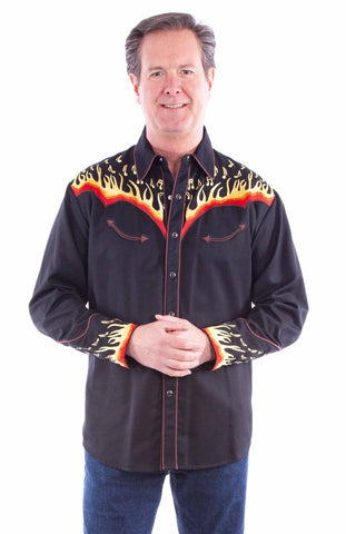 Scully Mens Embroidered Flames Black Poly/Cotton L/S Shirt