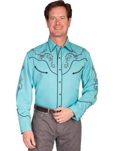 Scully Western Mens Turquoise Polyester L/S Rose Stitch Western Shirt