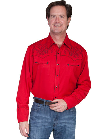 Scully Western Mens Red Polyester L/S Arrow Stitch Western Shirt