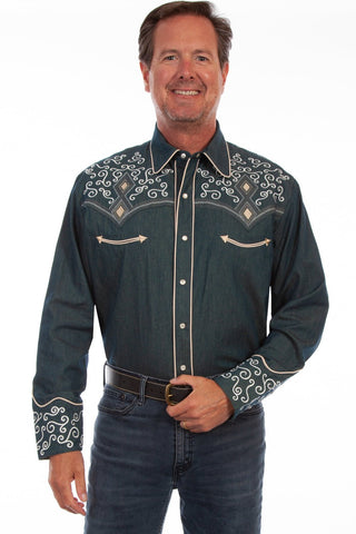 Scully Mens Denim 100% Cotton Curly Diamond L/S Shirt