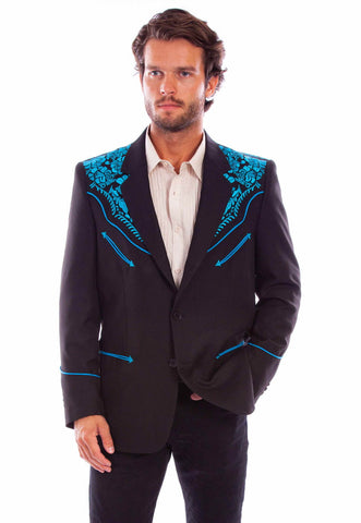 Scully Mens Floral Embroidery Black/Turquoise 100% Polyester Blazer 44
