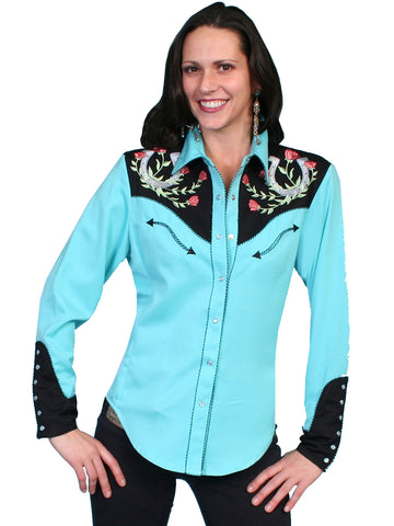 Scully Western Womens Turquoise Polyester L/S Horseshoe Western Shirt XL