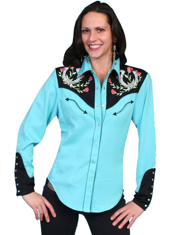Scully Western Womens Turquoise Polyester L/S Horseshoe Western Shirt L