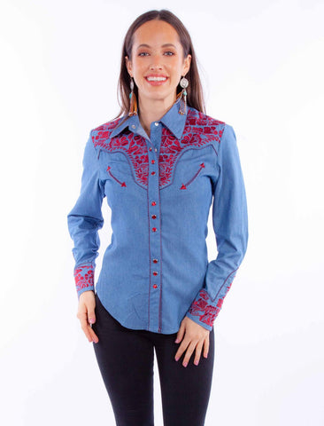 Scully Womens Embroidered Floral Blue/Cranberry Poly/Rayon L/S Shirt