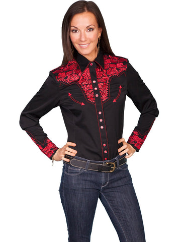 Scully Western Womens Crimson Polyester L/S Floral Stitch Western Shirt S