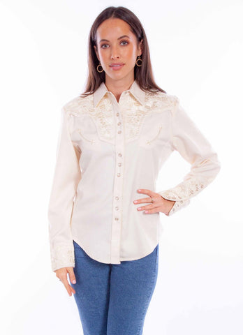 Scully Womens Embroidered Floral Ivory Poly/Rayon L/S Shirt