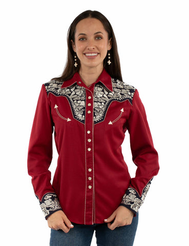 Scully Womens Floral Yoke Embroidery Red/White/Blue Poly/Rayon L/S Shirt M