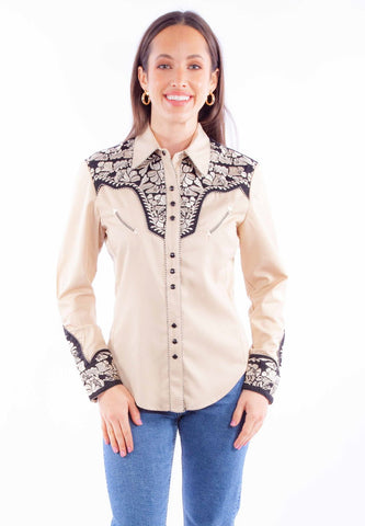 Scully Womens Embroidered Floral Tan Poly/Rayon L/S Shirt