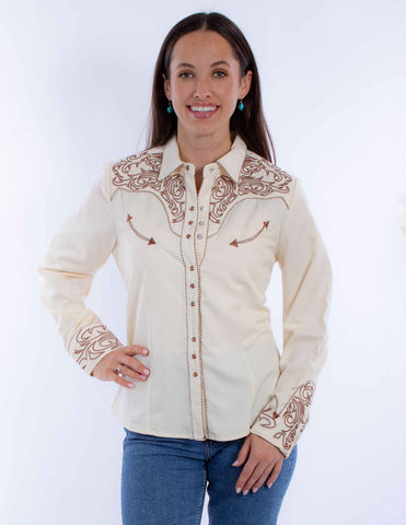 Scully Womens Embroidered Scroll Cream Poly/Rayon L/S Shirt XL