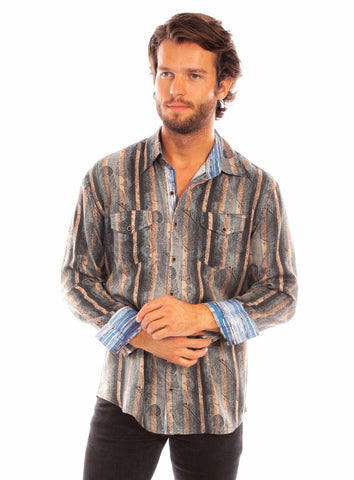 Scully Mens Signature Paisley Stripe Taupe 100% Tencel L/S Shirt