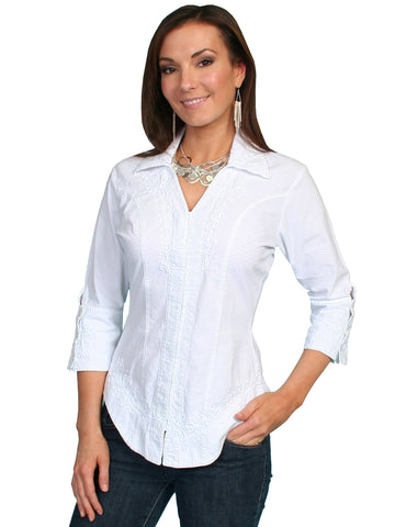 Scully Cantina Collection Blouse White 100% Cotton Floral 3/4 Sleeve L