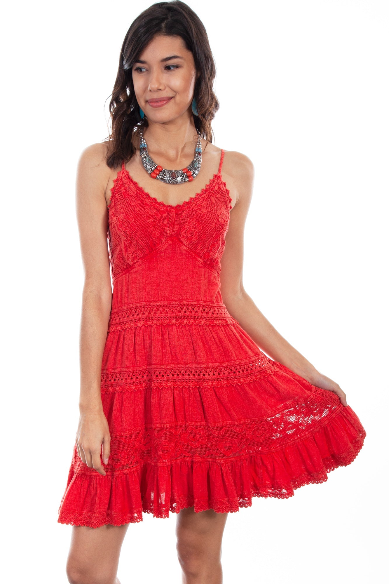 Scully Womens Brick 100% Cotton Crochet S/L Dress The Western Company Scully Womens Brick 100% Cotton Crochet S/L Dress The Western Company