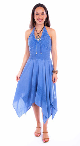 Scully Womens Tie Neck Halter Light Blue 100% Cotton S/L Dress