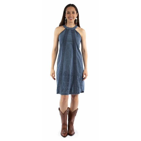 Scully Womens Crochet Detail Cantina Dark Blue 100% Cotton S/L Dress