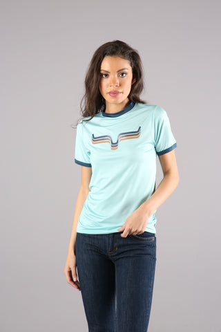 Kimes Ranch Womens Rhythm Ringer Light Blue Polyester S/S T-Shirt